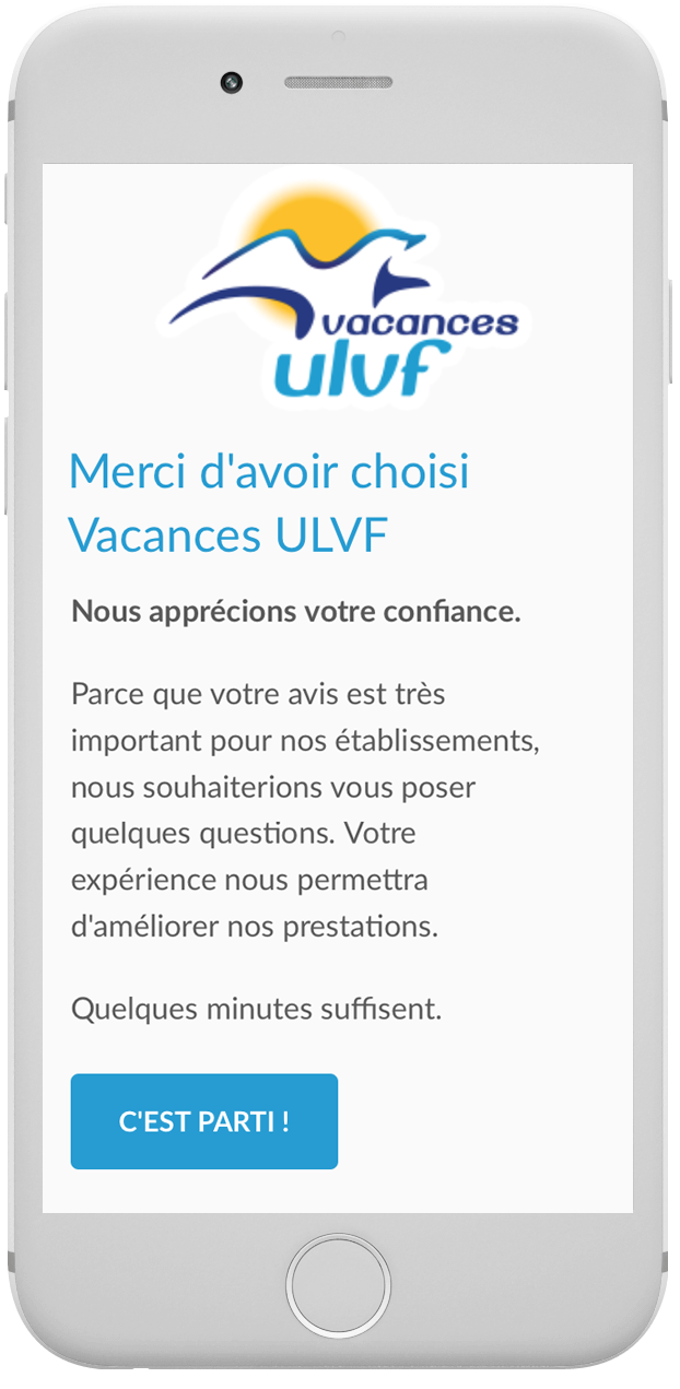 Exemple d'enquête de satisfaction personnalisée envoyée sur mobile après un séjour